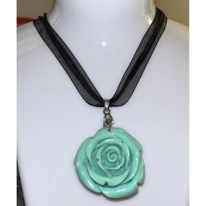 Necklace Choker Rose‎ Mint Pendant Turquoise Ribbon Cord Goth 18KGP Silver Clasp